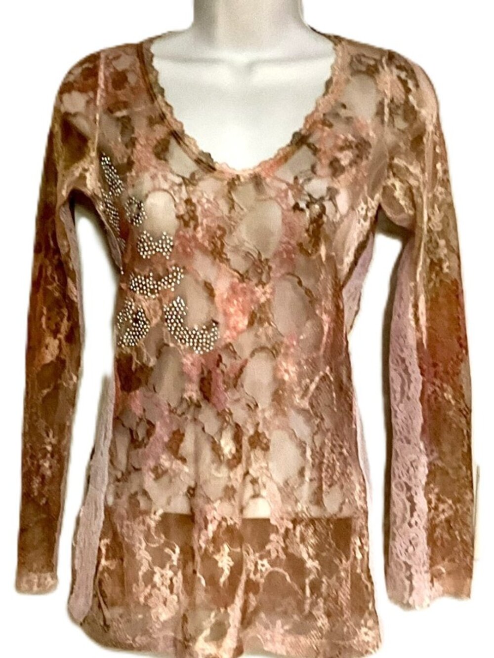 URBAN MIX Floral Sheer Mesh Lace Rhinestone Long Sleeve Top Size L